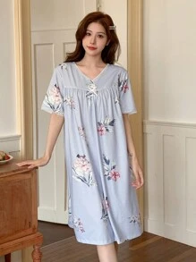 DAZY Floral Print Lace Trim V-Neck Nightgown Pajama - Blue - View 5
