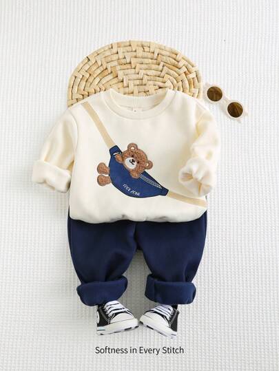 Cozy Pixies 2st Baby Boy Björn Mönster Rundhalsad Långärmad Huvtröja och Byxor med dragsko