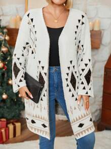 Plus Size Women's Geometric Pattern Long Sleeve Open Front Mid-Length Cardigan, Fall/Winter - Multicolor - View 1