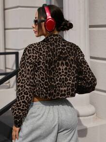 Chaqueta casual con estampado de leopardo de manga larga y corta para mujeres en primavera y otoño - Caqui - Ver 3