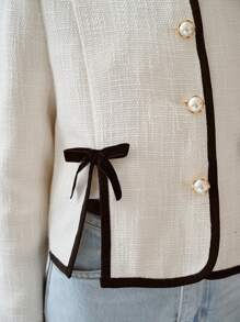 Enchnt Autumn Romantic Women's Sweetheart Contrast Color Bow-Decor Hem Elegant Short White Tweed Jacket