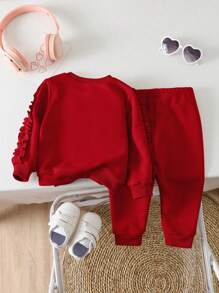 SHEIN 2pcs Baby Girl Solid Color Ruffle Trim Long Sleeve Sweatshirt And Pants Set, Fall/Winter - Red - View 2