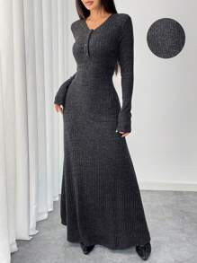 Mulvari 女式休闲纯色高腰连衣裙，秋冬款 - 深灰色 - 查看 4