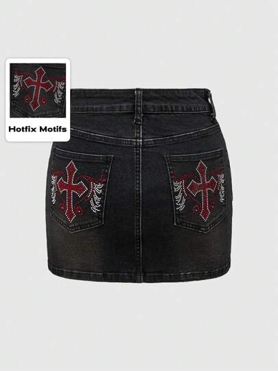 Grunge Punk Y2K Vintage 2000s Cross & Wing Design Rhinestone Embellished Bodycon Mini Denim Skirt With Pockets For Women, School