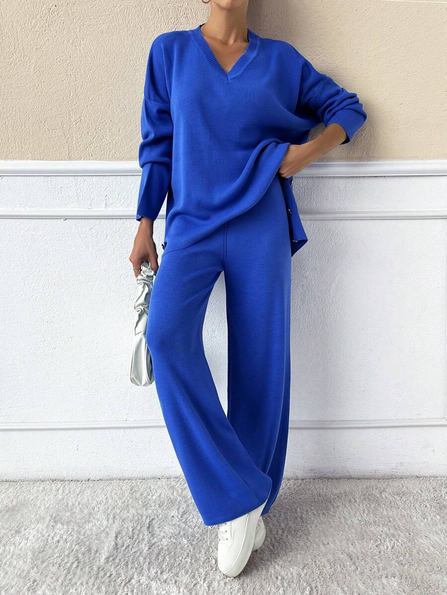SHEIN Cottnline Drop Shoulder Split Hem Sweater & Knit Pants - Royal Blue - View 1