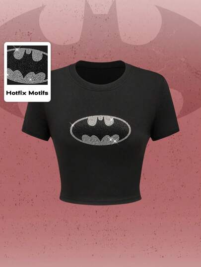 Batman X ROMWE Casual Rhinestone Bat Pattern Short Sleeve Crop T-Shirt, Summer