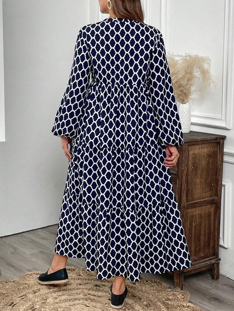 Vestido elegante de manga farol con cuello en V y estampado geométrico para mujer de talla grande primavera-otoño