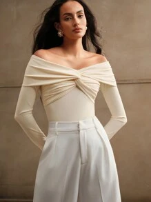 Anewsta Body sexy premium con hombros abiertos y anudado - Beis - Ver 8