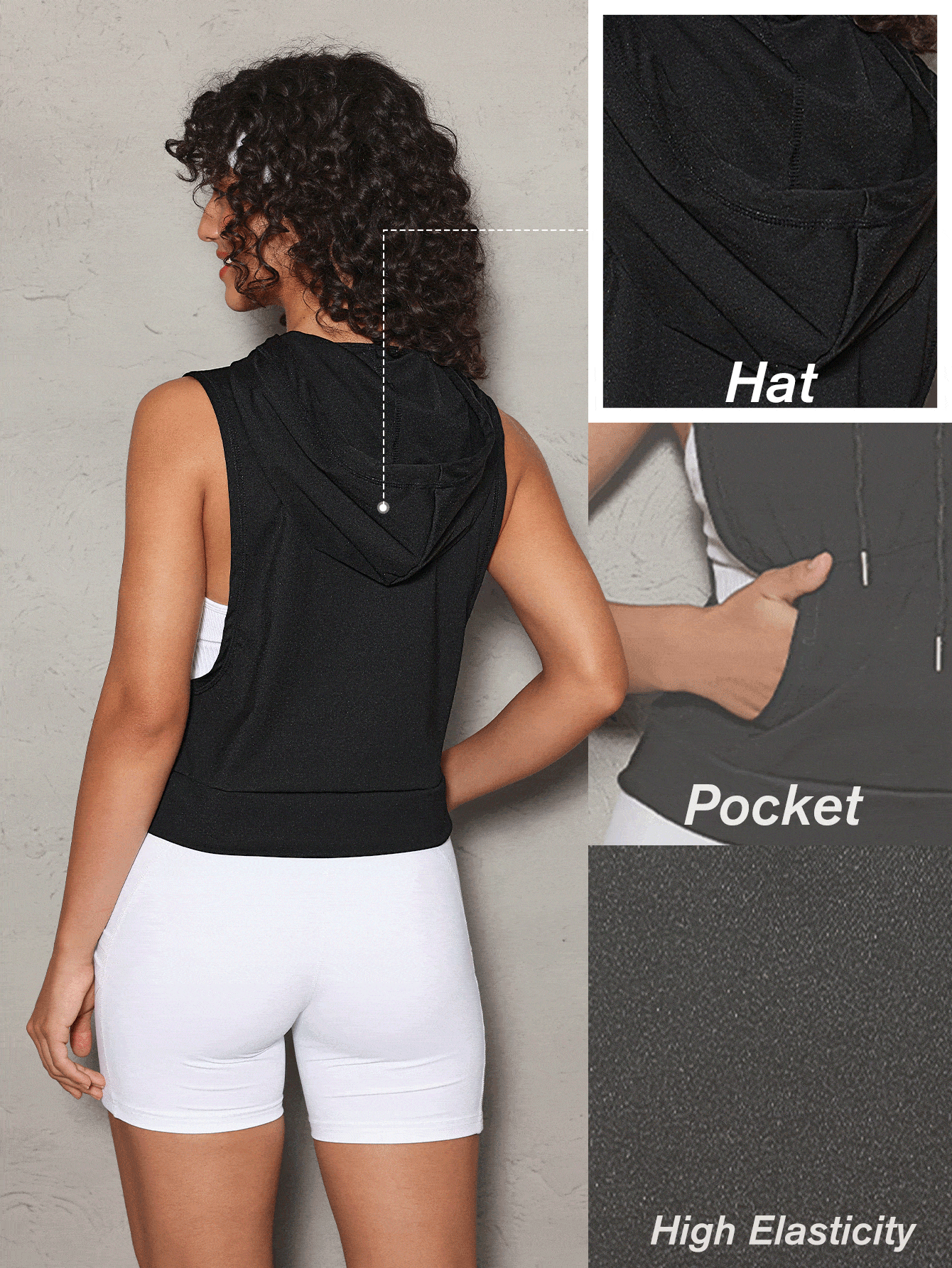 SHEIN Sports 女士无袖运动衫上衣，瑜伽运动跑步健身休闲通勤背心，带口袋 - 黑色 - 查看 2