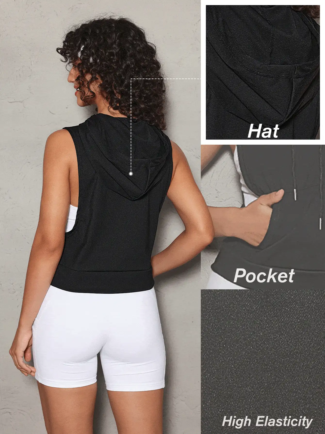 SHEIN Sports Women's Sleeveless Sweatshirt Top, Yoga Sports Running Fitness Casual Commuter Vest With Pockets - Black - View 2