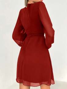 Cloudara Women's Long Sleeve Wrap Design Mesh Dress - Red - View 2
