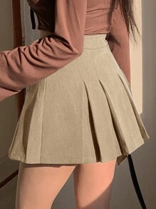 DAZY 女士复古休闲百搭日常学院风A字褶裙秋季半身裙 - 卡其色 - 查看 4