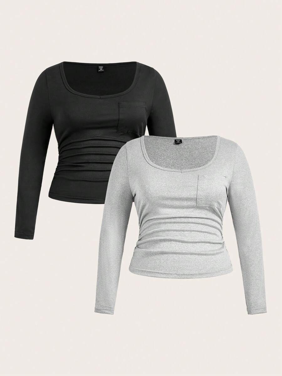 SHEIN Unity Plus Size Women's Crew Neck Pleated Casual Long Sleeve T-Shirt With Pockets - Multicolor - View 1