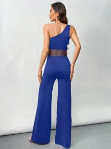 Firerie Women's Minimalist & Elegant Black Backless Waist Sheer Flare Jumpsuit - Blue - View 7