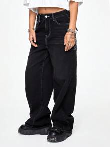 ROMWE Grunge Punk Women's Halloween Cross & Vine Wing Print Wide Leg Boy Friend Jeans