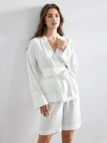 Ocili 女士纯色抽绳长袖休闲衬衫和短裤家居服套装 - 白色 - 查看 3