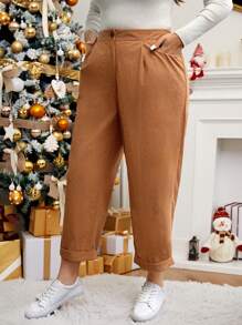 SHEIN LUNE Plus Size Solid Color Casual Button Pocket Pants