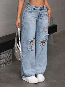 SHEIN EZwear 女士纯色做旧口袋宽松牛仔裤 - 淺色水洗藍 - 查看 9