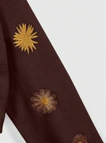 ROMWE Hippie Women's Boho Style Floral Embroidered Front Button Long Sleeve Cardigan - Coffee Brown - View 4