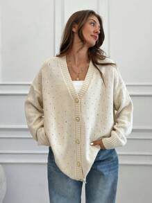 EURMUSE Woman Elegant Button Knitting Detailed Long Winter Cardigan - Beige - View 1