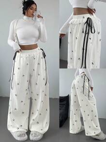 POPSWAY Quần ống rộng thắt nơ thêu ren thoải mái cho nữ - Màu be - Xem 1