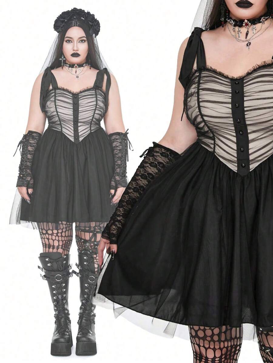 Flirla Goth Punk Gothic Punk Style Vintage Ruffle Mesh Patchwork Gathered Waist Dress, Halloween/Dark Punk - Black - View 1