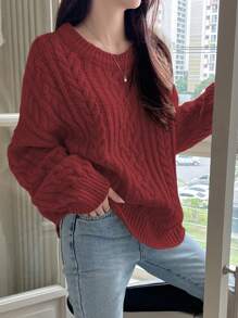 DAZY 秋季圆领宽松麻花针织休闲毛衣 - 酒紅色 - 查看 1