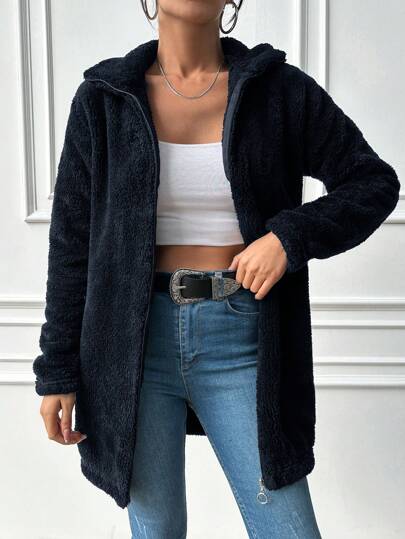 EURMUSE Women Solid Color Fleece Hooded Long Sleeve Jacket, Fall/Winter
