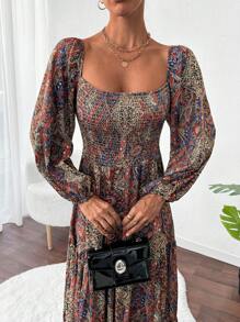 RueChic All Over Printed Texture Fabric, Boho Style, Balloon Sleeve Maxi Dress - Multicolor - View 6