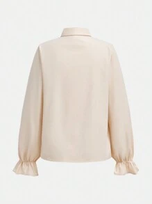 SHEIN 少女编织学院风荷叶边长袖校园衬衫 - 杏色 - 查看 2