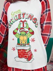 TEENAGE MUTANT NINJA TURTLES | SHEIN 冬季，长袖 T 恤和长裤睡衣套装，圣诞睡衣套装，圣诞图案，红色格子图案，天鹅绒柔软保暖面料，毛绒面料 - 紅色 - 查看 4