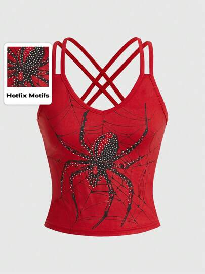 Goth Sexy figurbetontes Spinnennetz-Muster-Tanktop mit Strass-Nieten, doppelten Trägern und rückenfreiem Design, Schule
