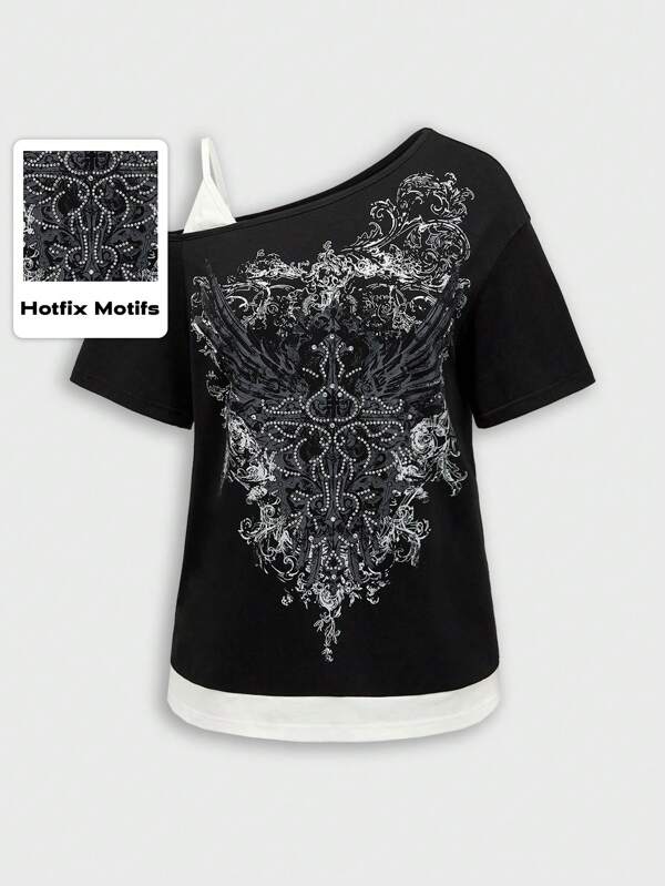 ROMWE Grunge Punk アシンメトリーの肩とウイングパターンプリントのダークパンクスタイル 女性 ルーズフィットTシャツ2in1、スクールスタイル