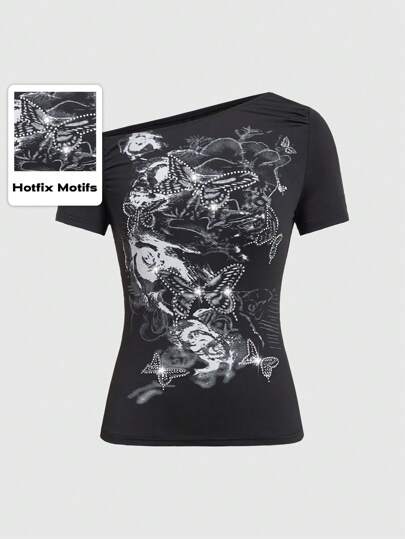 Damen-t-shirt Mit Schmetterlings- Und Strass-dekoration, Falten, Schräge Schulter, Schmal, Im Gothic-stil