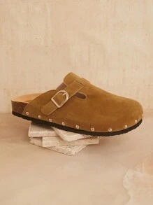 SHUZIA 女士时尚圆头软木鞋床拖鞋，带可调节带扣带 - 卡其色 - 查看 3