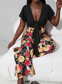 Breezaya Ensemble de deux pièces femme avec Top à manches courtes à volants et bretelles + pantalon imprimé en couleur block - Noir - Voir 3