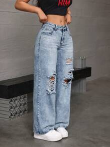 SHEIN EZwear 女士纯色做旧口袋宽松牛仔裤 - 淺色水洗藍 - 查看 4