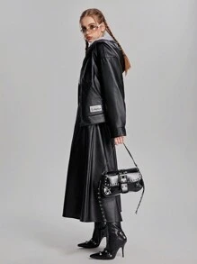 SHEIN مجموعة من جاكيت مزود بكابوت وسحاب وتنورة من لون موحد 2 قطعة للمراهقات - الأسود - مشاهدة 6