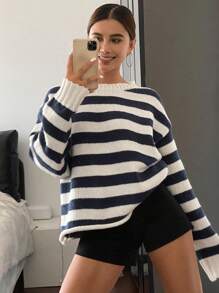 DAZY Suéter holgado informal de punto a rayas para mujer, nuevo lanzamiento de otoño - azul real - Ver 3