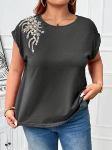 SHEIN Clasi Áo thun cổ tròn đính hạt cỡ lớn mùa hè - Màu xám đen - Xem 1