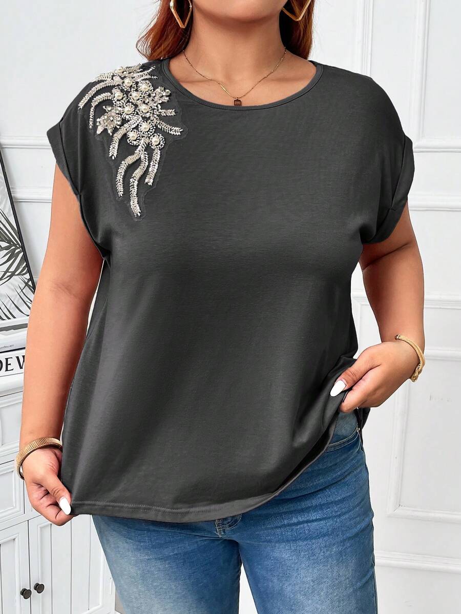 SHEIN Clasi Áo thun cổ tròn đính hạt cỡ lớn mùa hè - Màu xám đen - Xem 1