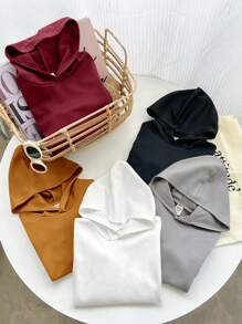 SHEIN 5 件装男童休闲纯色连帽衫，舒适百搭，适合日常穿着、上学、运动、度假 - 非常适合春季、秋季和冬季 - 紅色 - 查看 6