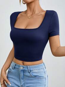 SHEIN PETITE 3pcs/Set Women Summer Casual Square Neck Short Sleeve Slim Fit T-Shirts, Simple Black White Grey Design