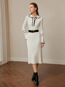 MOTF PREMIUM CONTRAST PIPING BELL SLEEVE HALF BUTTON PLACKET SWEATER DRESS WITHOUT BELT - Beige - View 4