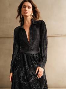 Anewsta Velvet Floral Embroidered Elegant Long Sleeve Shirt - Black - View 6