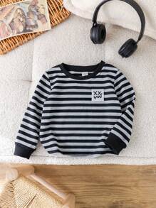 SHEIN Simple Graphic Embroidered Striped Long Sleeve Crewneck Knit T-Shirt For Baby Boys Girls, Suitable For Commute, School, Home, Casual, Party, Outdoor Play
