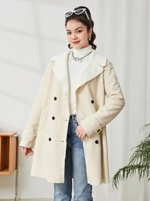 SHEIN 少女编织纯色仿羊毛衬里双排扣翻领口袋宽松休闲外套