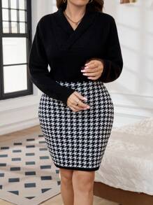 SHEIN Clasi Plus Size V-Neck Elegant Long Sleeve Houndstooth Print Sweater Dress - Black and White - View 4