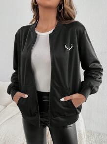 SHEIN Essnce Women's Graphic Print Thermal Lined Zip-Up Jacket - The Floral Design Is Copyrighted