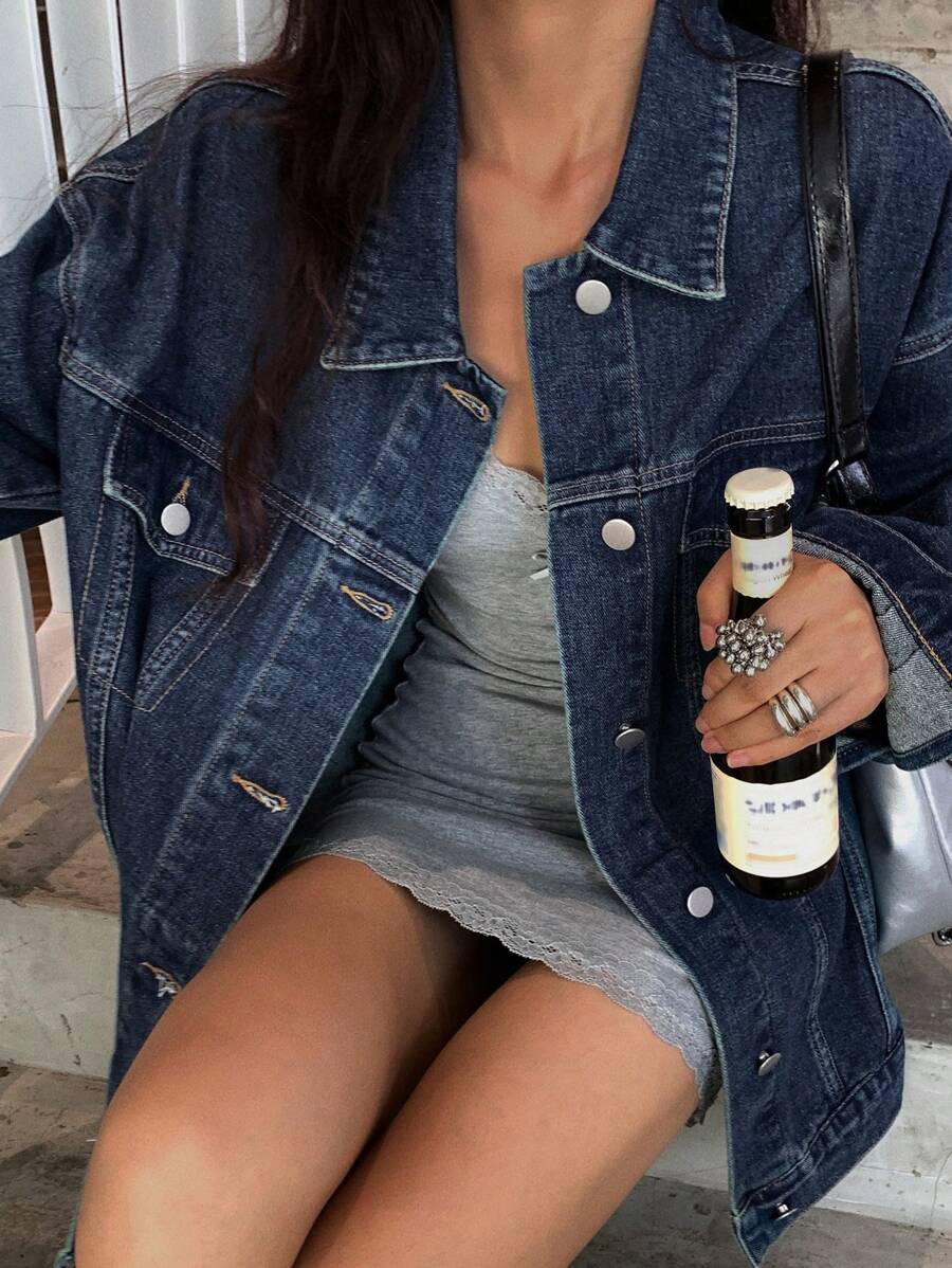 DAZY Women's Drop Shoulder Long Sleeve Pocket Loose Casual Denim Jacket, Spring Autumn,Fall Women Clothes - Dark Wash - View 1